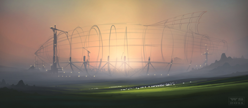 Illustration for article titled An airship emerges from the reddish clouds of dawn